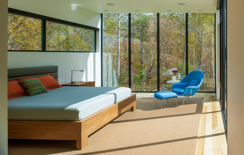 Imagen de dormitorio principal minimalista con paredes blancas y suelo de madera clara