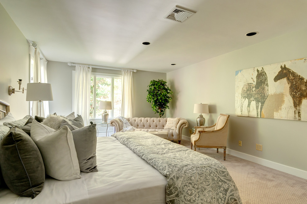 Ispirazione per un'ampia camera matrimoniale design con pareti beige, moquette e pavimento beige