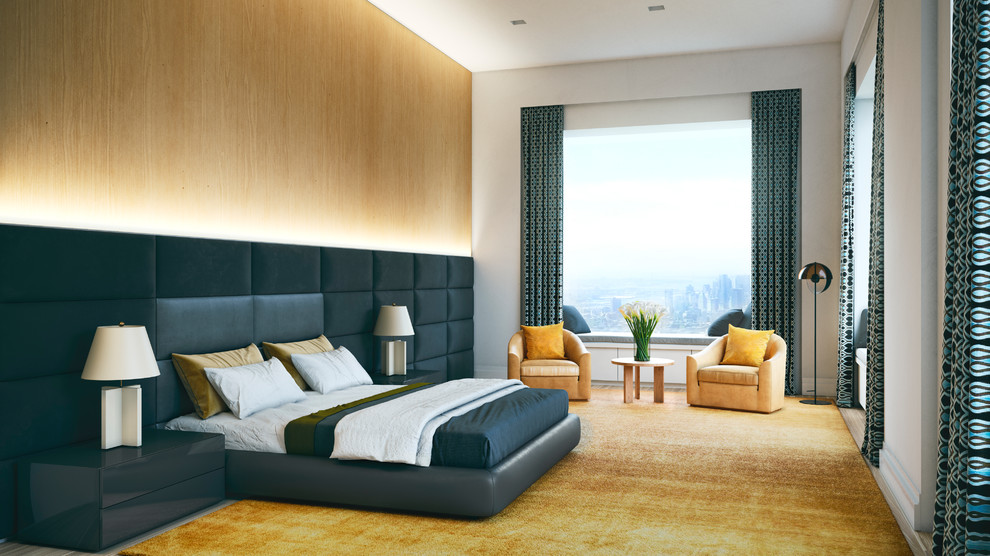Свежая идея для дизайна: хозяйская спальня в современном стиле с светлым паркетным полом и бежевым полом - отличное фото интерьера
