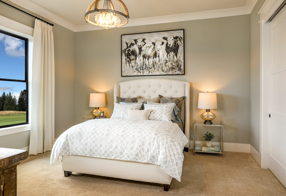 Inspiration for a large farmhouse guest carpeted and beige floor bedroom remodel in Portland with gray walls