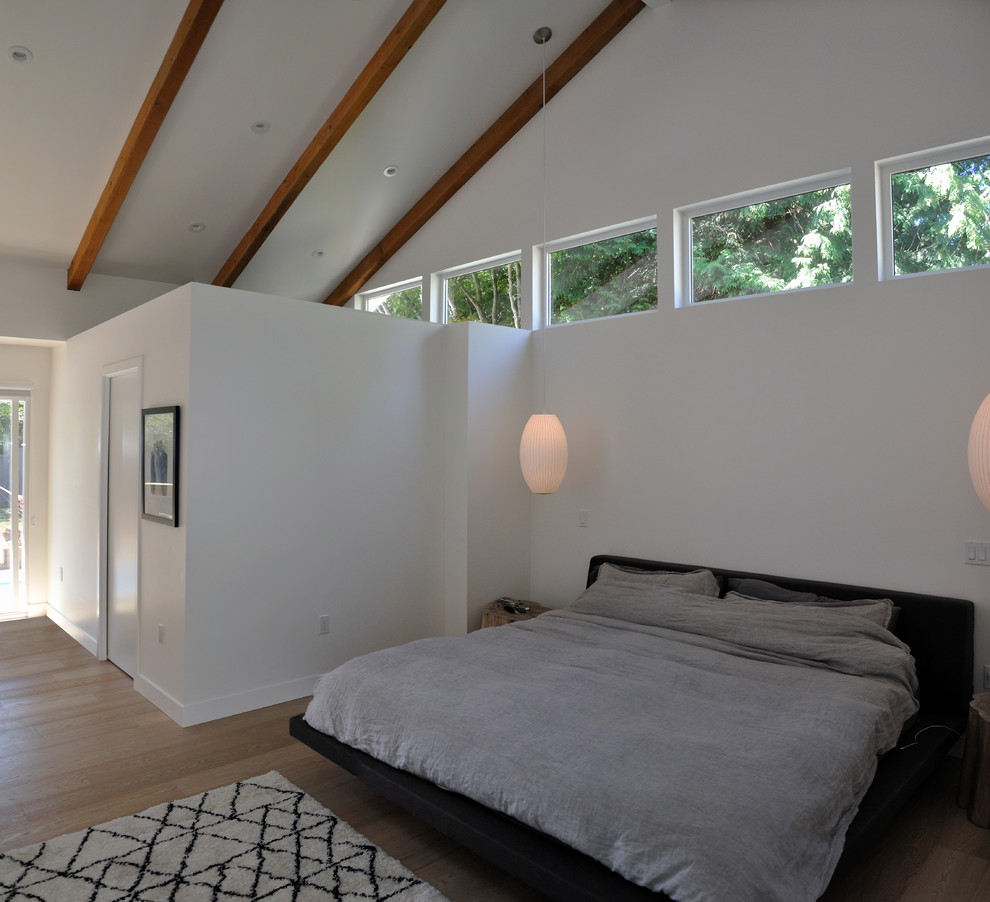 Modelo de dormitorio principal minimalista grande sin chimenea con paredes blancas y suelo de madera en tonos medios