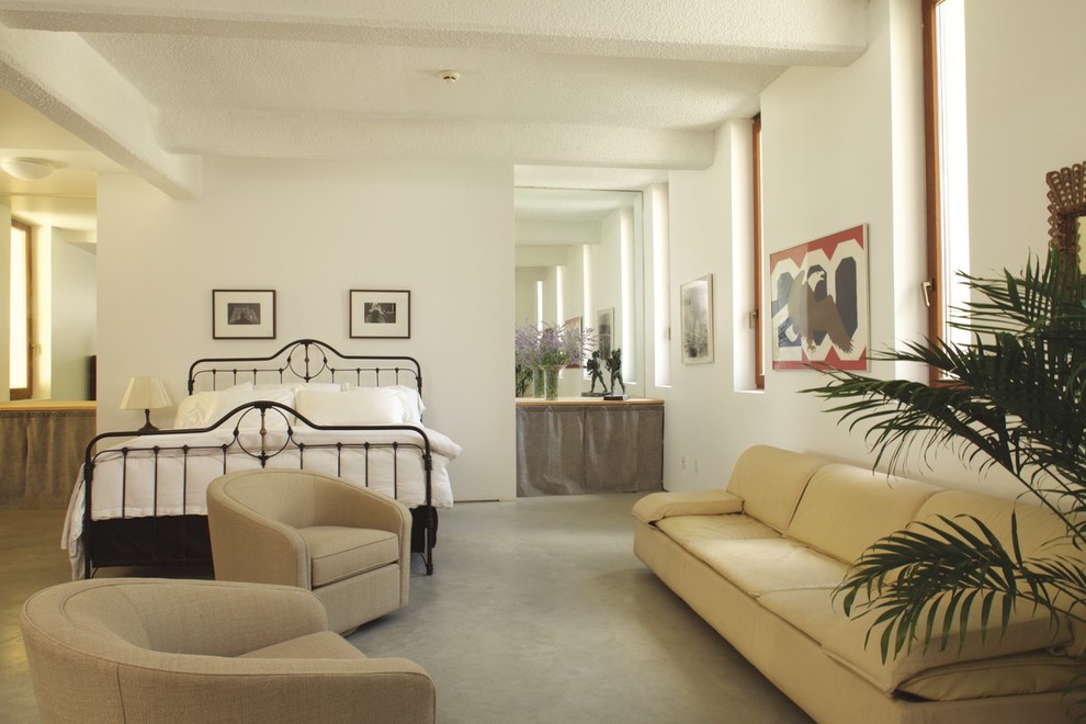 Immagine di un'ampia camera degli ospiti moderna con pareti bianche, pavimento in cemento, nessun camino e pavimento grigio