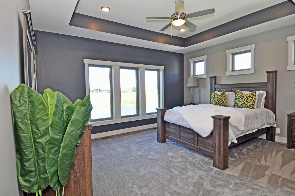 Example of a mid-sized transitional guest carpeted bedroom design in Other with gray walls and no fireplace