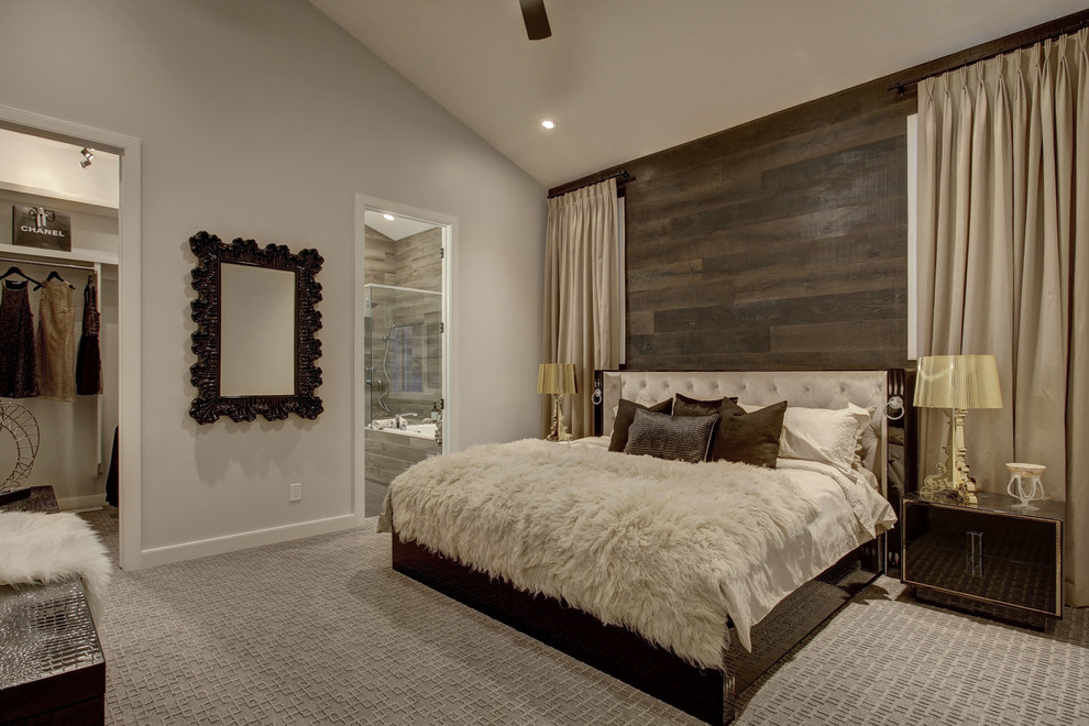Inspiration for a mid-sized transitional master carpeted and gray floor bedroom remodel in Calgary with brown walls