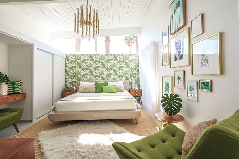 Design ideas for a medium sized retro guest bedroom in Los Angeles with white walls, carpet and no fireplace.