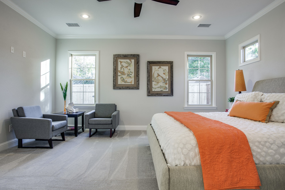 This is an example of a large contemporary master bedroom in Dallas with grey walls, carpet, no fireplace and grey floors.