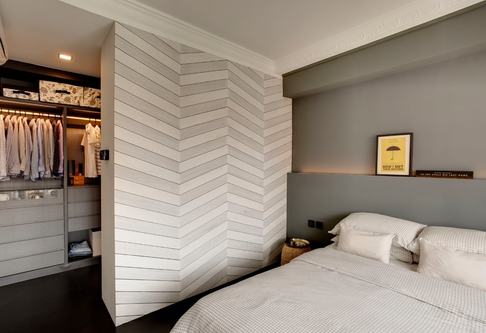 Источник вдохновения для домашнего уюта: гостевая спальня (комната для гостей) в современном стиле с серыми стенами и черным полом