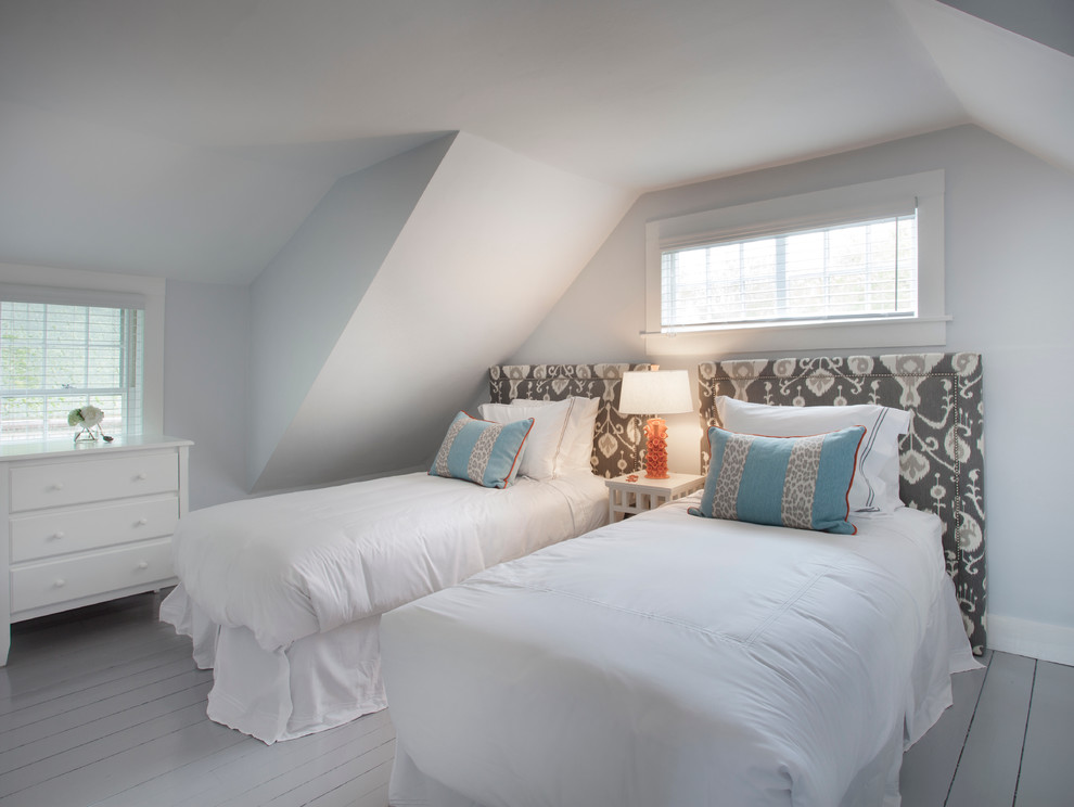 Bedroom - coastal guest painted wood floor bedroom idea in Boston with gray walls and no fireplace