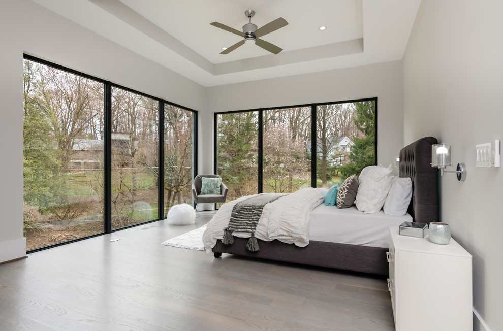Immagine di una camera da letto contemporanea con pareti grigie, parquet scuro e pavimento marrone