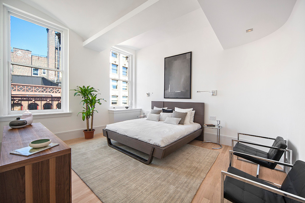 Ejemplo de dormitorio contemporáneo sin chimenea con paredes blancas y suelo de madera en tonos medios