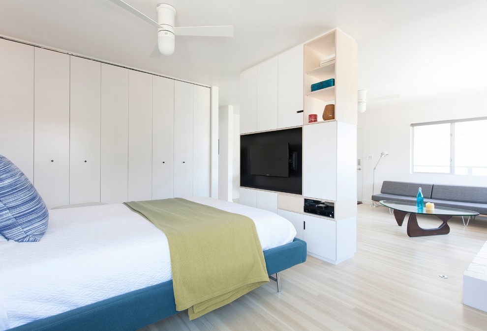 Diseño de dormitorio televisión minimalista con paredes blancas