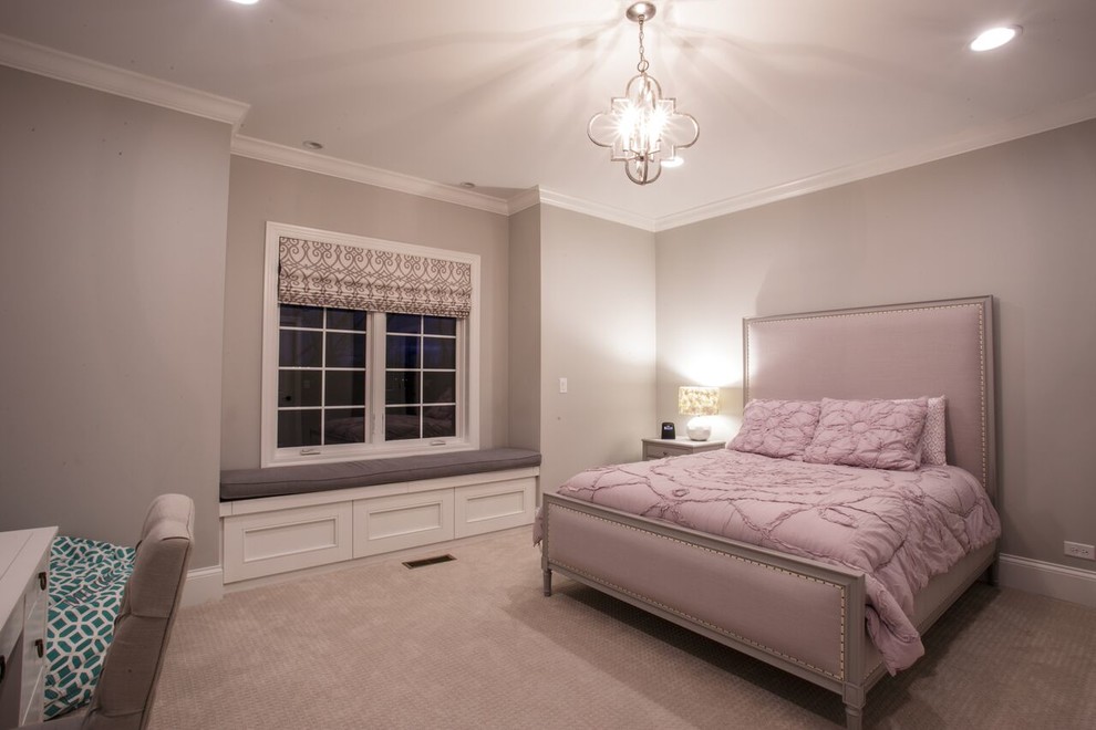Diseño de dormitorio clásico renovado de tamaño medio sin chimenea con paredes grises y moqueta