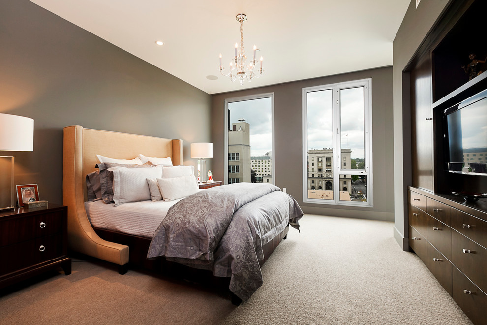 Diseño de dormitorio actual con paredes grises y moqueta