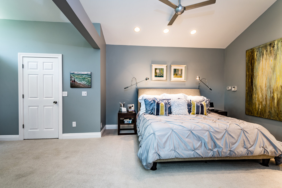 Example of a large trendy master carpeted bedroom design in St Louis with white walls
