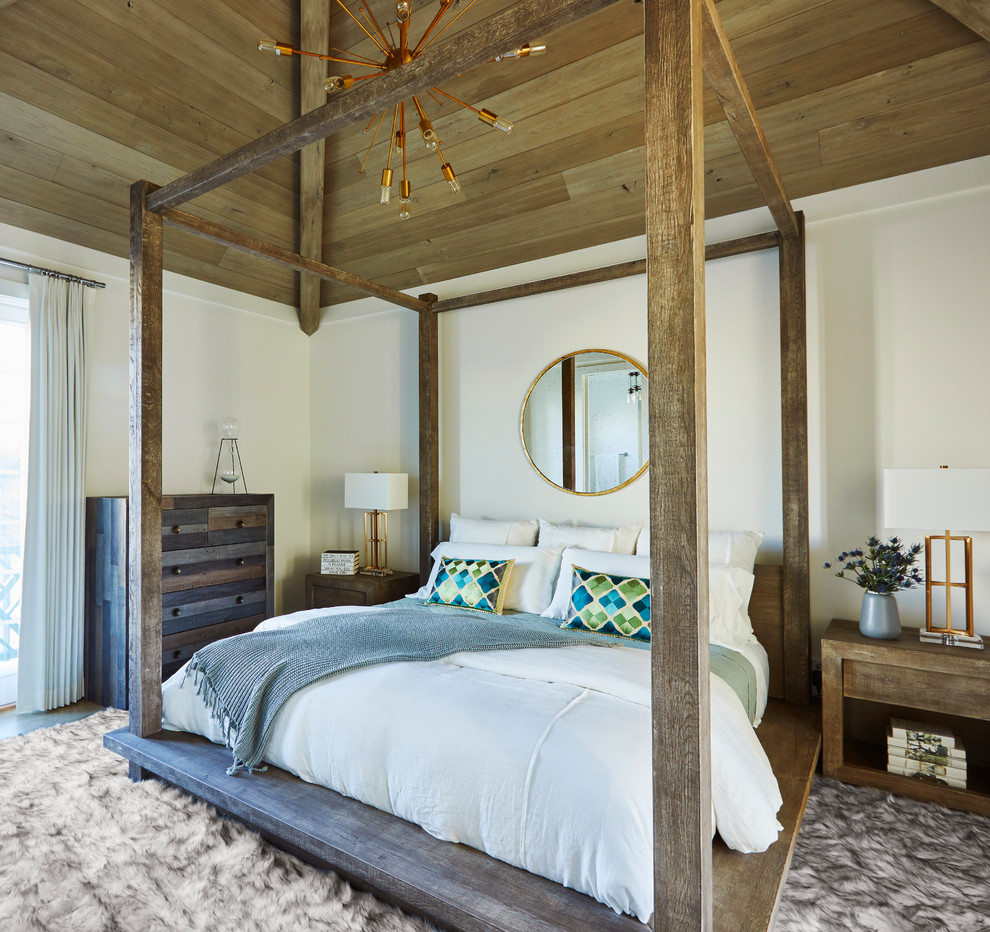 Foto de dormitorio exótico con paredes blancas y suelo de madera oscura