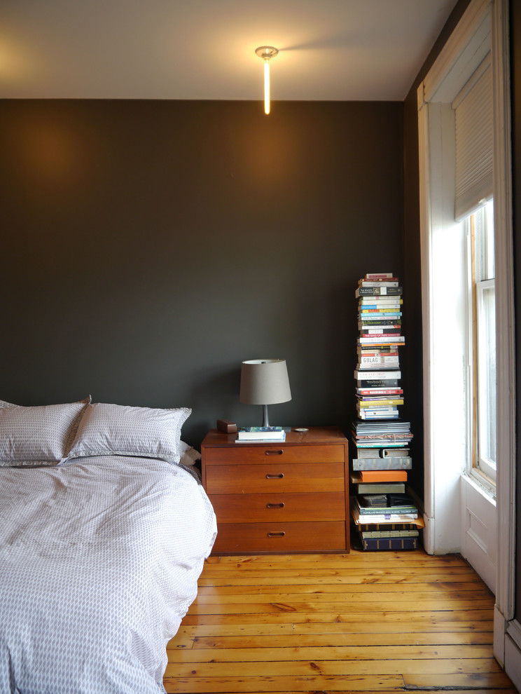 Ejemplo de dormitorio principal contemporáneo de tamaño medio con paredes azules y suelo de madera en tonos medios