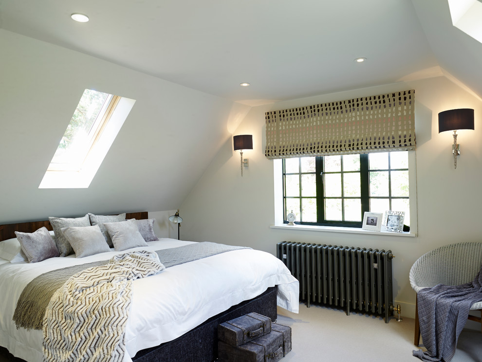 This is an example of a farmhouse grey and cream bedroom in Other with grey walls and carpet.