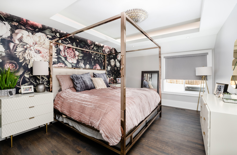 Inspiration for a medium sized contemporary master and grey and brown bedroom in DC Metro with multi-coloured walls, dark hardwood flooring, no fireplace and brown floors.