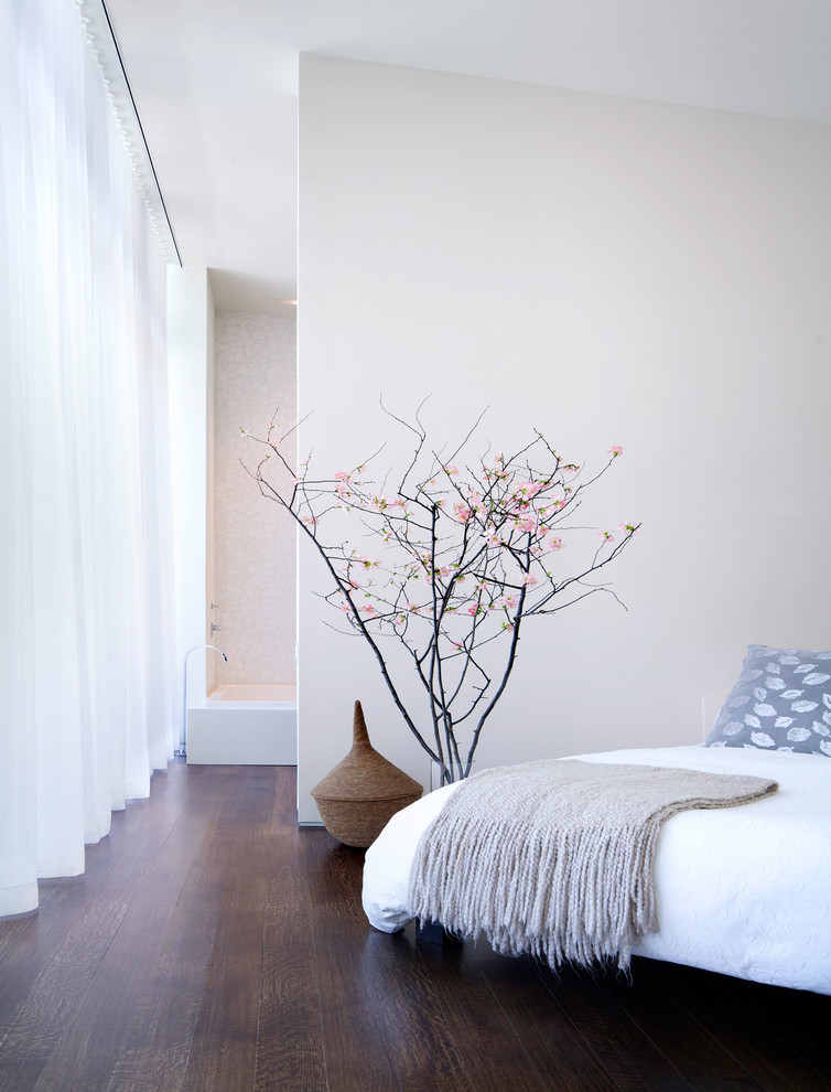 Minimalist bedroom photo in New York with white walls and no fireplace