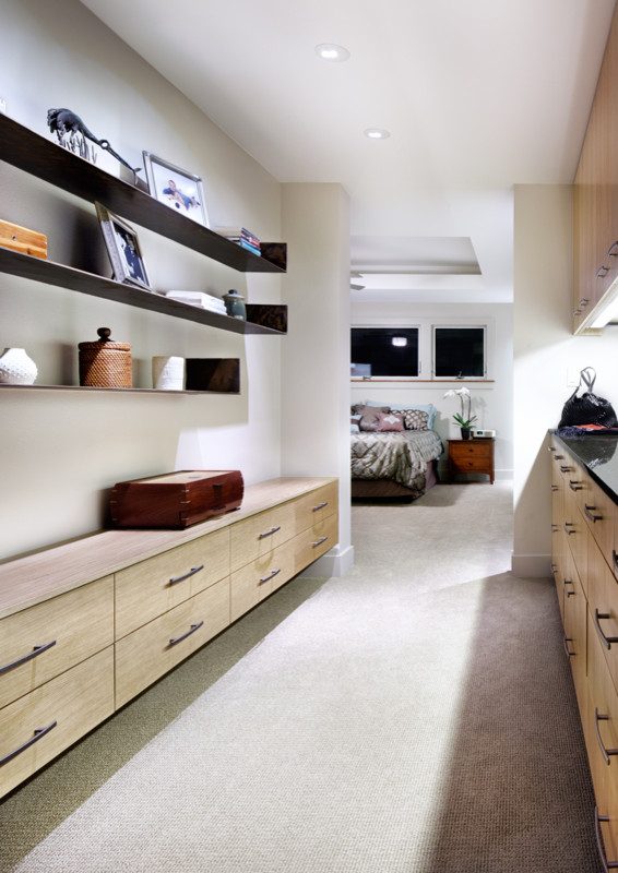 Идея дизайна: хозяйская спальня в современном стиле с белыми стенами и ковровым покрытием