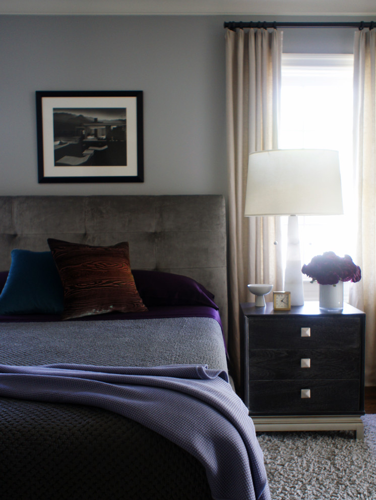 This is an example of a medium sized traditional guest bedroom in New York with grey walls, carpet and no fireplace.