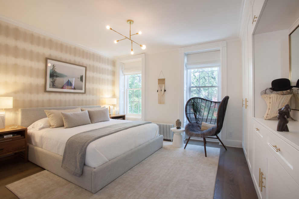 Design ideas for a classic master bedroom in Chicago with white walls, dark hardwood flooring and brown floors.