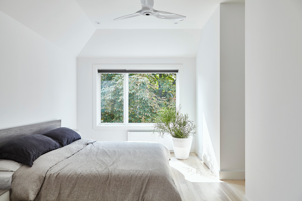 Idée de décoration pour une petite chambre parentale minimaliste avec un mur blanc, parquet clair et un sol multicolore.