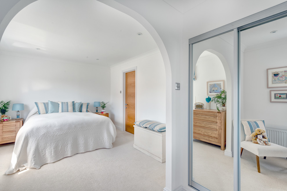 Bedroom - mid-sized transitional master carpeted bedroom idea in Devon with white walls