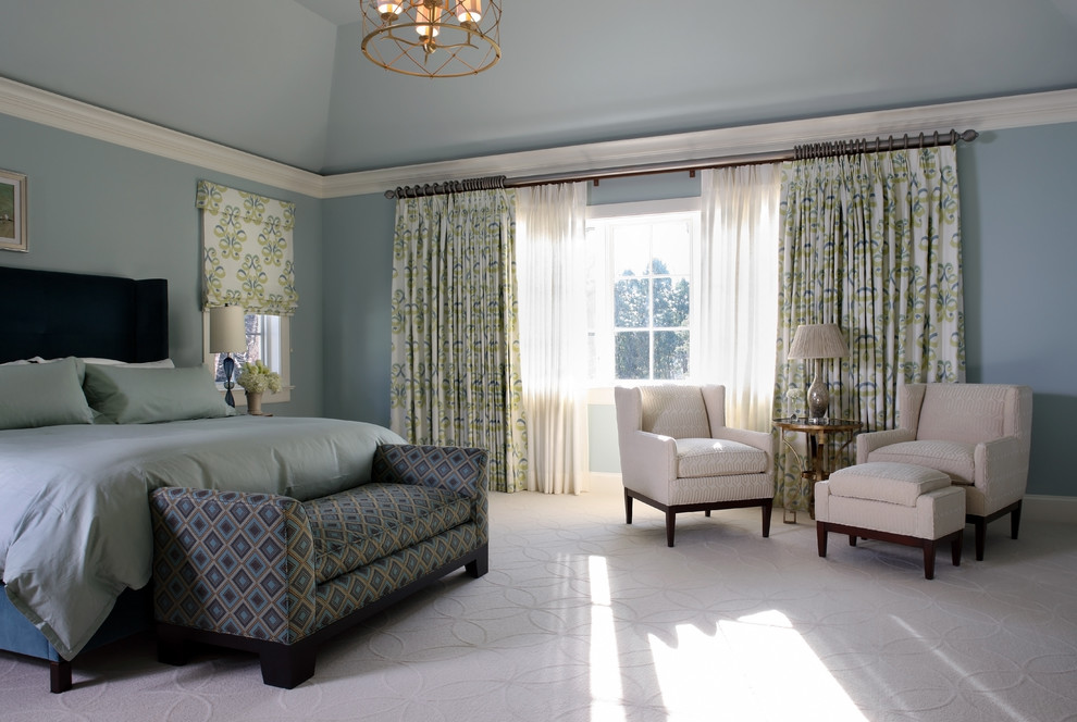 ワシントンD.C.にあるコンテンポラリースタイルのおしゃれな寝室 (青い壁、カーペット敷き、シアーカーテン)