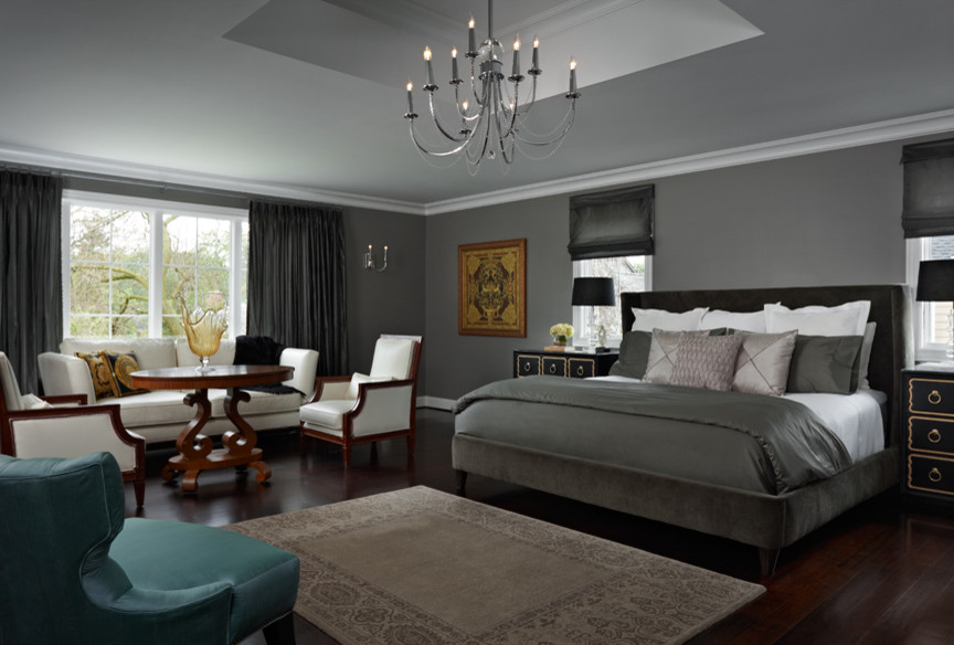 Example of a large trendy master dark wood floor bedroom design in Detroit with gray walls and no fireplace