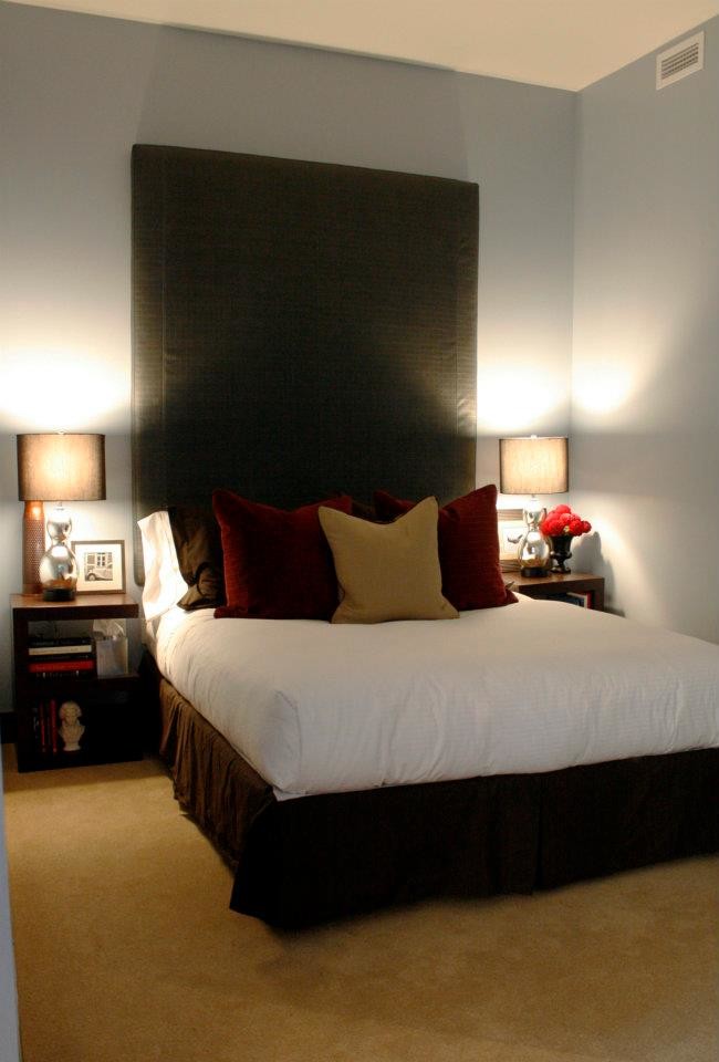 Example of a mid-sized trendy master carpeted and beige floor bedroom design in Seattle with gray walls