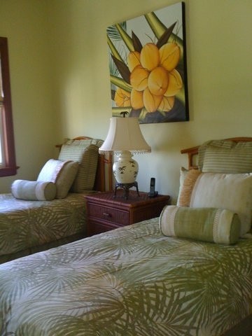 Immagine di una camera degli ospiti tropicale di medie dimensioni con pareti verdi, moquette e nessun camino
