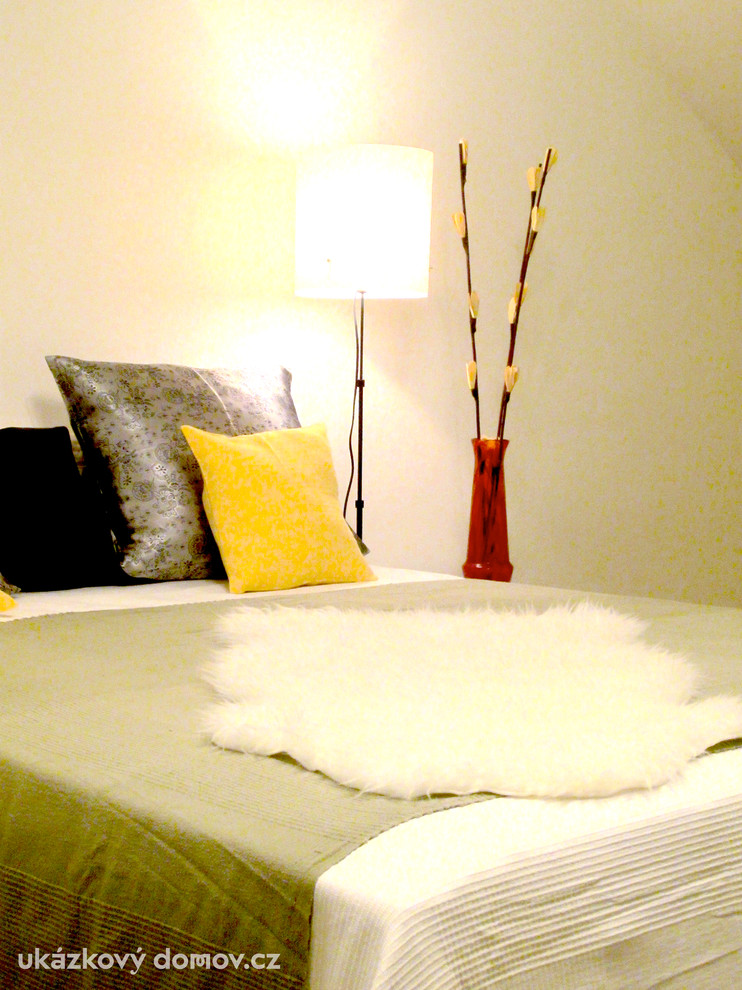 他の地域にある小さなコンテンポラリースタイルのおしゃれな主寝室 (白い壁、カーペット敷き、暖炉なし) のレイアウト