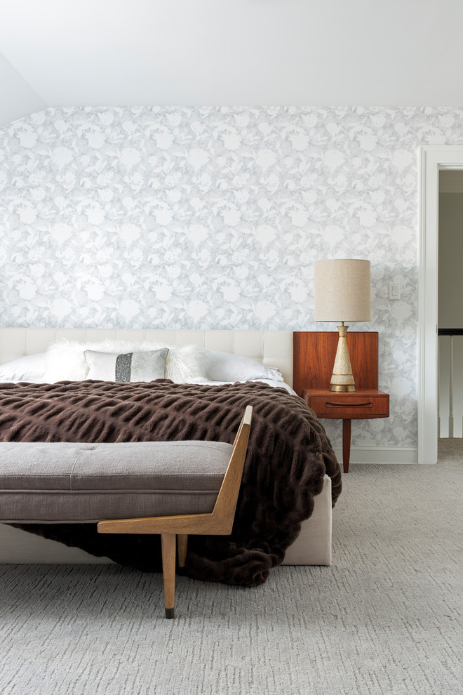 Medium sized midcentury master bedroom in New York with multi-coloured walls, carpet, no fireplace and beige floors.