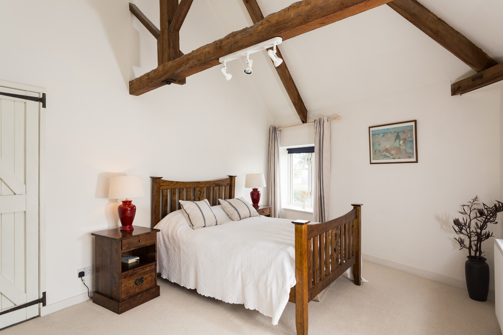 Immagine di una camera da letto stile loft country di medie dimensioni con pareti bianche e moquette