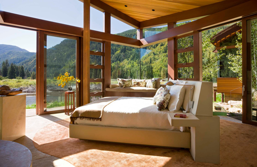 Example of a mountain style master bedroom design in Denver