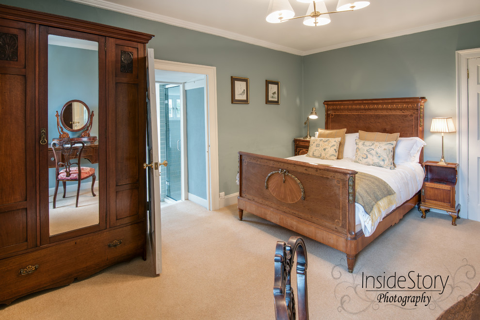 This is an example of a rural guest bedroom in Other with blue walls and carpet.