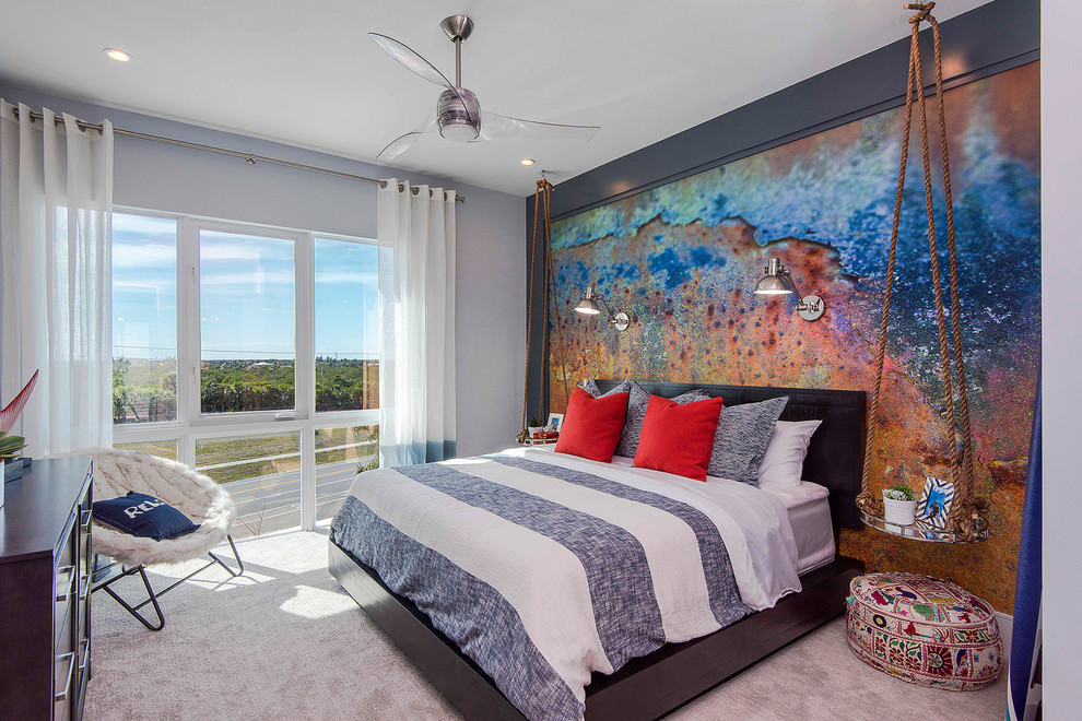 Example of a guest beige floor and wallpaper bedroom design in Orlando with white walls