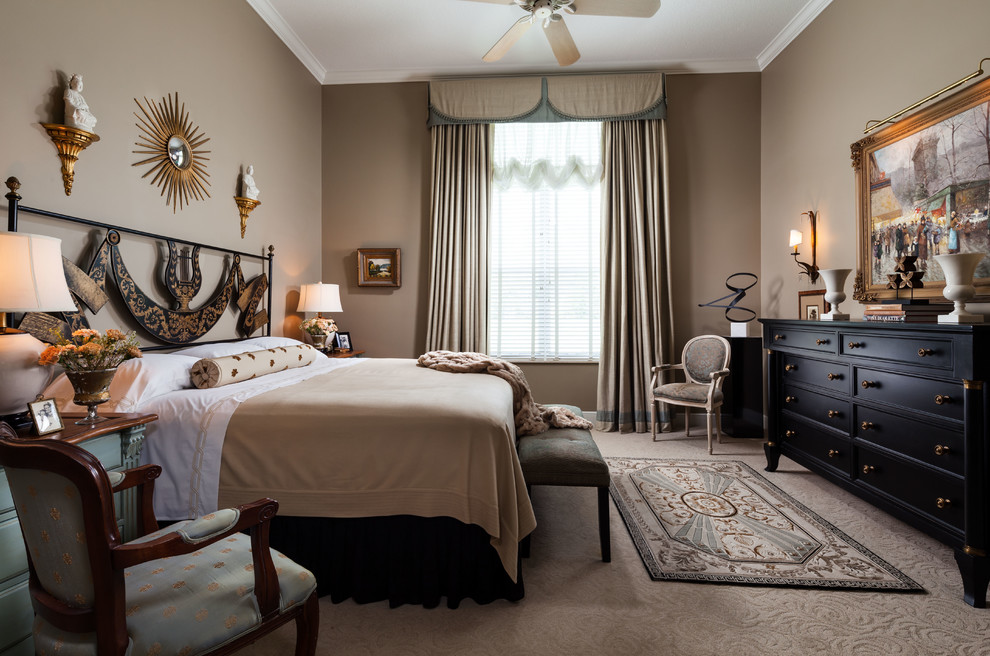 This is an example of an expansive classic master bedroom in Other with brown walls, carpet and feature lighting.