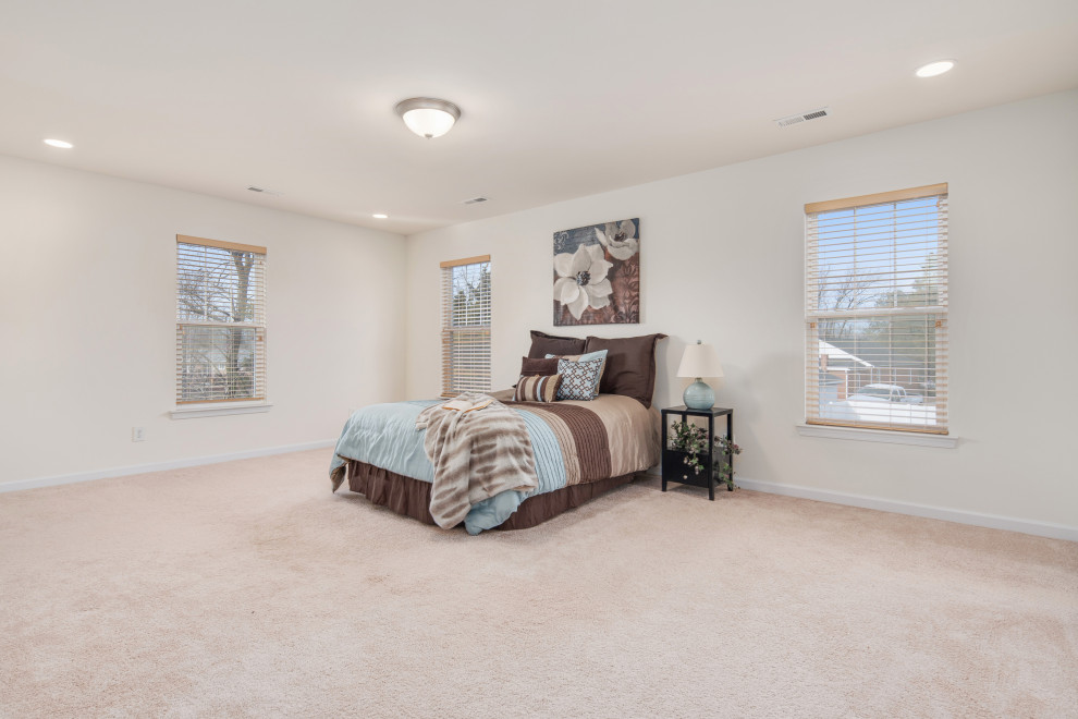 ワシントンD.C.にある中くらいなトラディショナルスタイルのおしゃれな主寝室 (ベージュの壁、カーペット敷き、暖炉なし、ベージュの床)