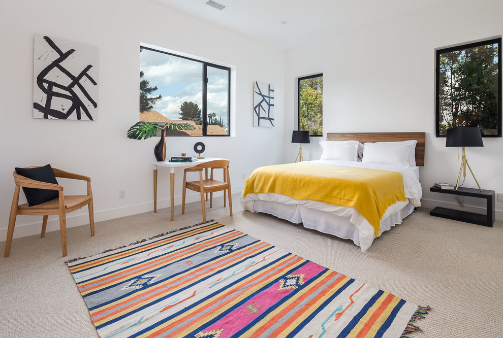 Inspiration for a large contemporary carpeted and gray floor bedroom remodel in Los Angeles with white walls