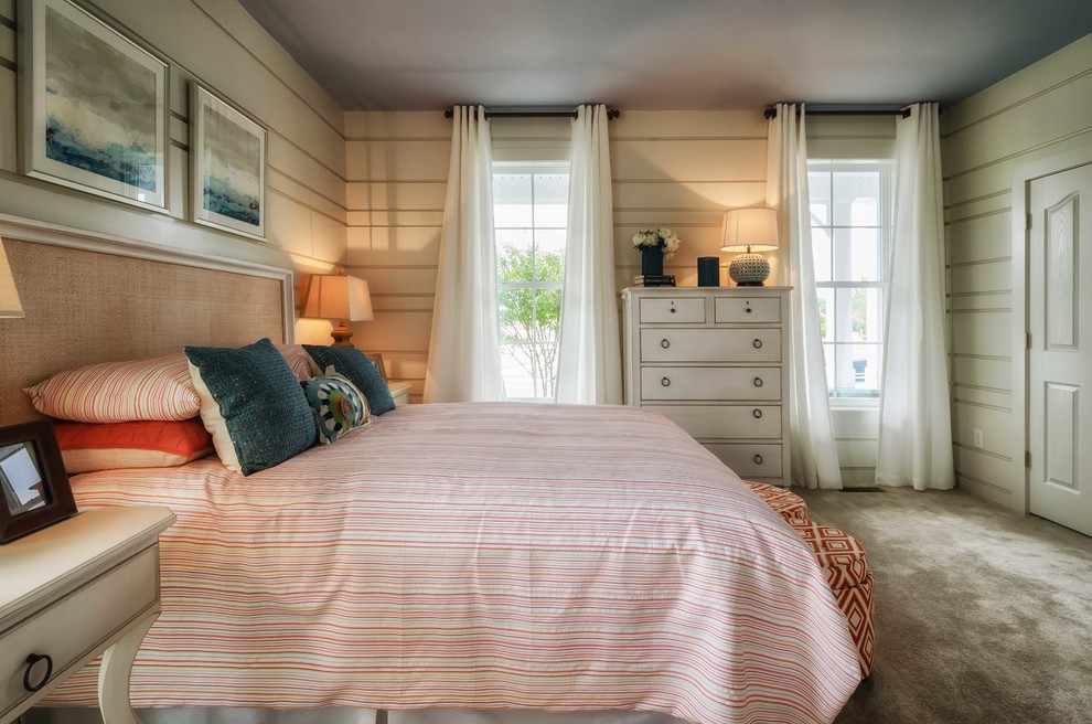 Nautical guest bedroom in Other with white walls and carpet.