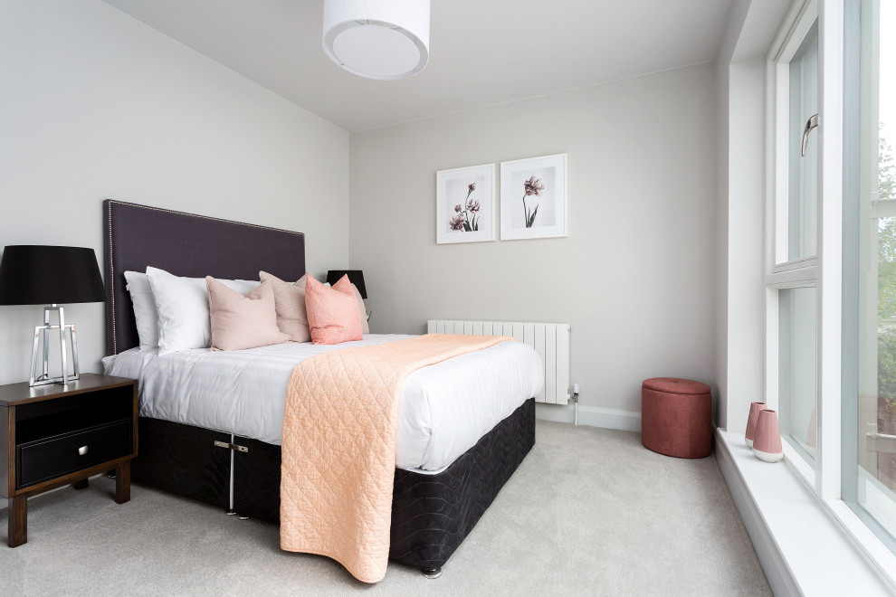 Photo of a medium sized contemporary master and grey and pink bedroom in Dublin with grey walls, carpet and grey floors.