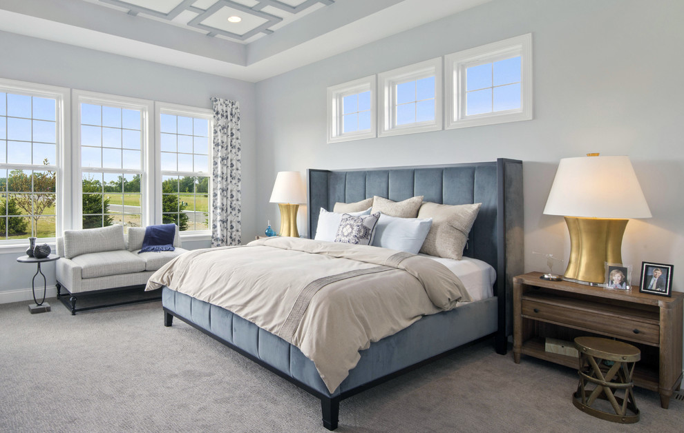インディアナポリスにあるトランジショナルスタイルのおしゃれな寝室 (グレーの壁、カーペット敷き、グレーの床) のレイアウト