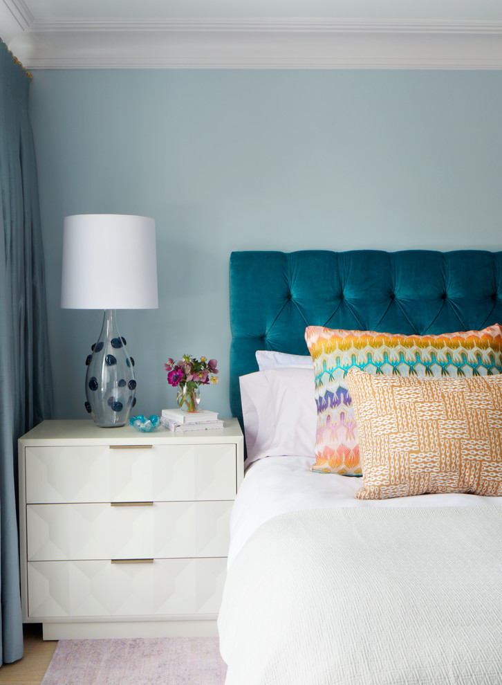 Inspiration for a coastal bedroom remodel in Toronto with blue walls and no fireplace