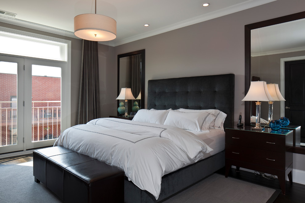 Inspiration for a contemporary grey and brown bedroom in Chicago with grey walls.