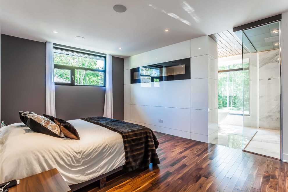 Свежая идея для дизайна: большая хозяйская спальня в современном стиле с серыми стенами, паркетным полом среднего тона и фасадом камина из плитки без камина - отличное фото интерьера