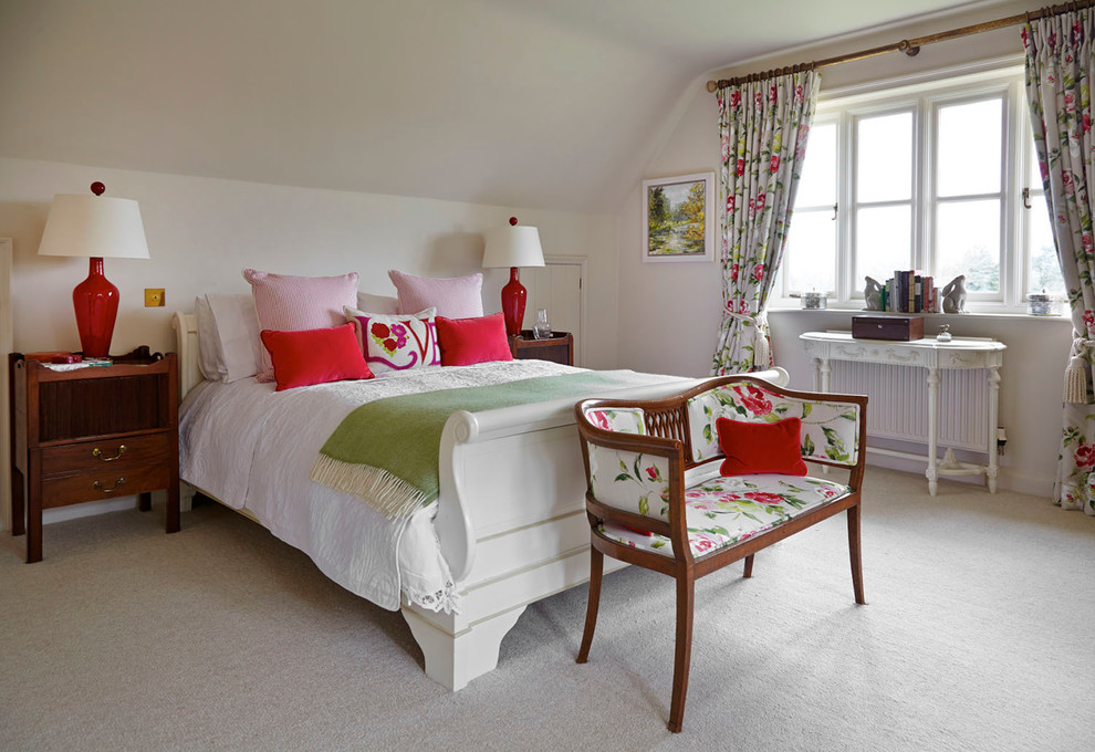 Design ideas for a traditional bedroom in Berkshire with white walls and carpet.
