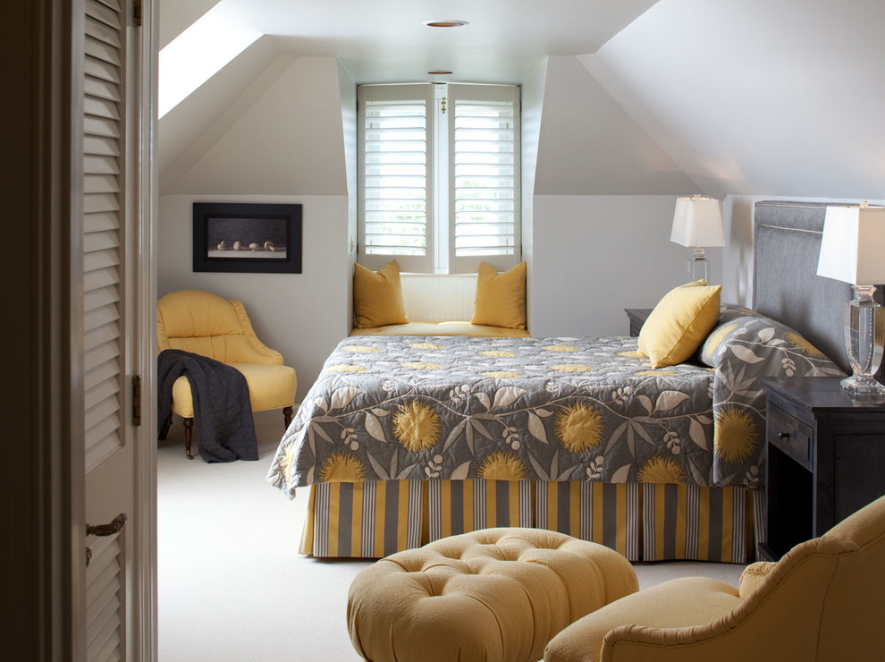 Photo of a medium sized traditional guest and grey and yellow bedroom in Richmond with beige walls, carpet, no fireplace and beige floors.