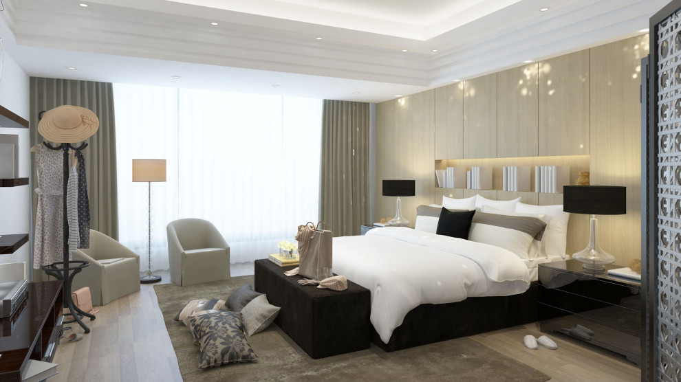 Foto de habitación de invitados de estilo americano grande sin chimenea con paredes grises, suelo laminado, suelo multicolor y casetón